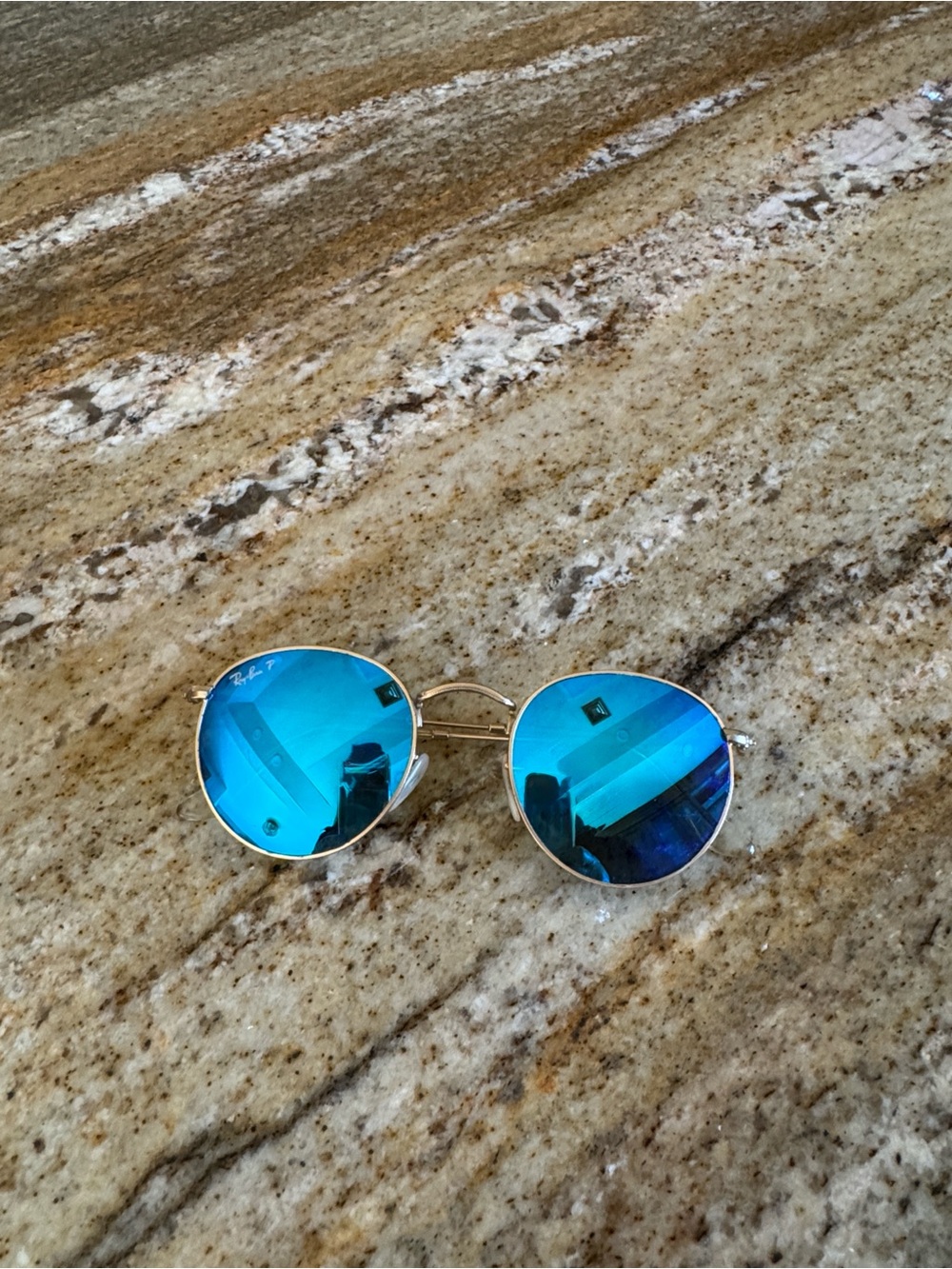 Ray-Ban Gold Frame Sunglasses with Blue Mirrored Lenses. Excellent condition